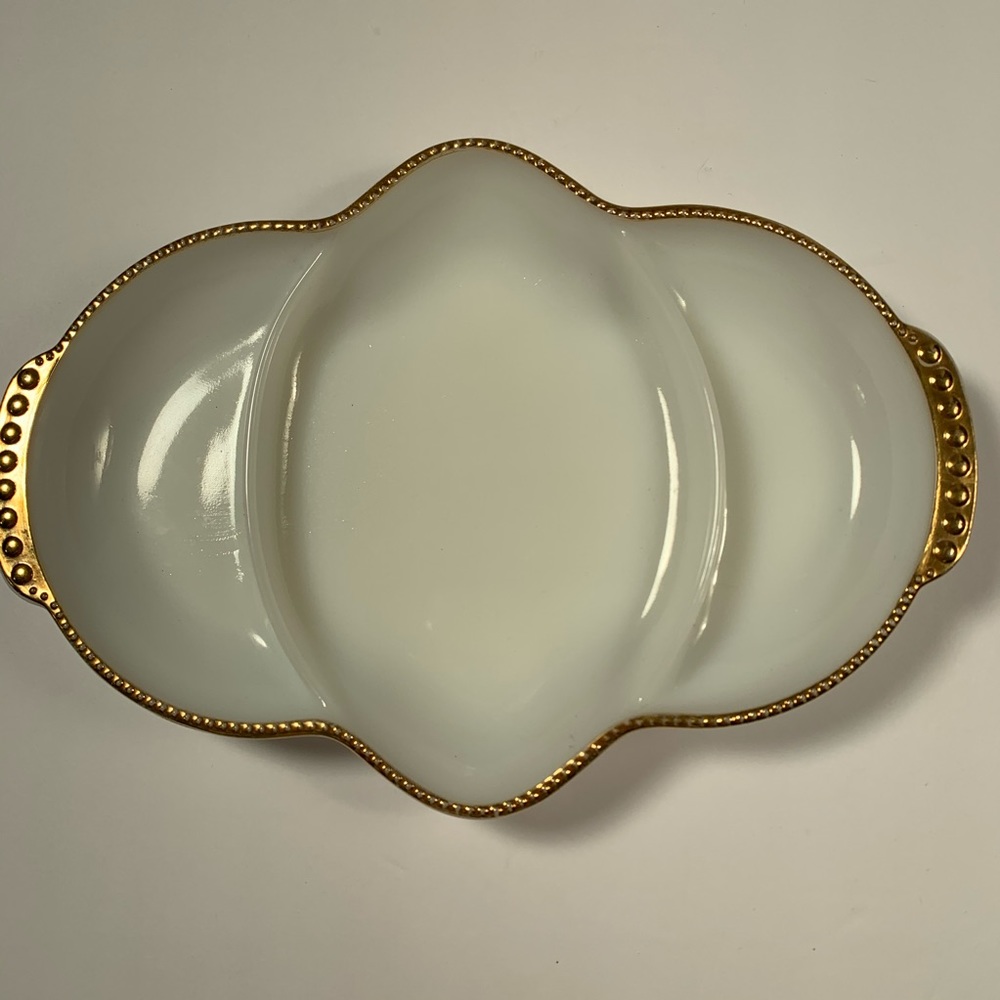 Fire King milk glass relish tray with gold trim